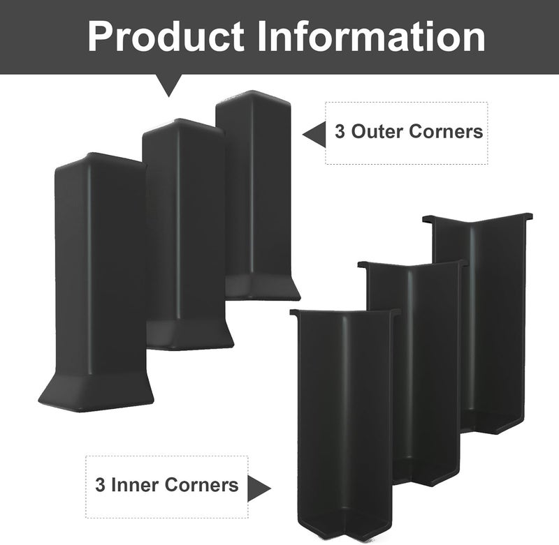 COUKIU Self Adhesive Baseboard Corner Blocks, 4inch(Width)3 Inside + 3 Outside Corners-Connector Between The Wall Base Cove Base Rubber Moulding Trim, Perfect Match for Our S100 Baseboard(Black) - Image 3